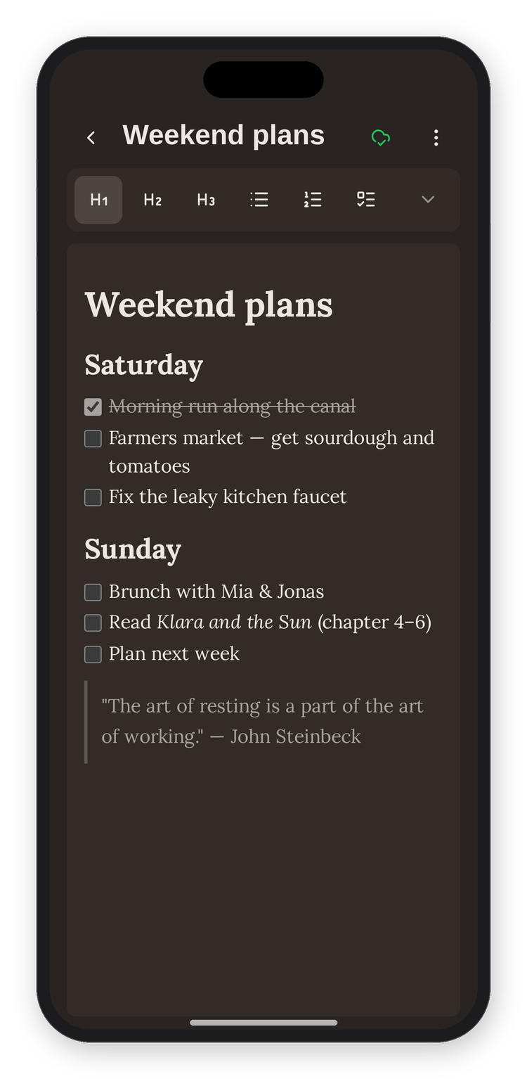 kladde running on iPhone — editing a note with checklists and markdown formatting